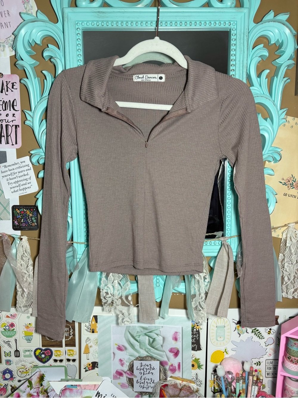 Cloud Dancer Long Sleeve Ribbed Quarter Zip Fitted Brown Top Women’s Size Small